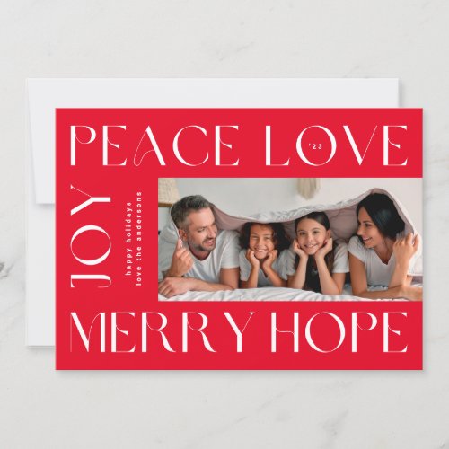 Funky Red White Letters MERRY JOY PEACE LOVE photo Holiday Card