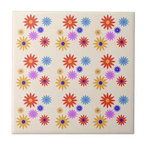 Funky Retro 70s Abstract Daisy Flowers Print Beige Ceramic Tile