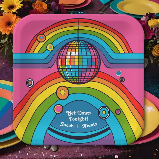 Funky Retro 70's Disco Rainbow Groovy Mirror Ball Paper Plates (Thrifty retro 70's wedding party plates with a disco theme and bright rainbow colors)
