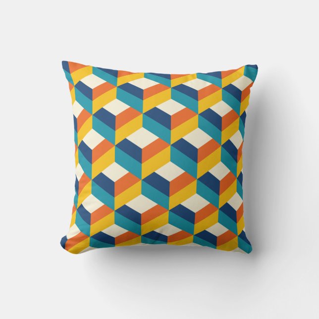 Funky Retro 80s 3D Cube geometric Pattern Design  Throw Pillow (Front)