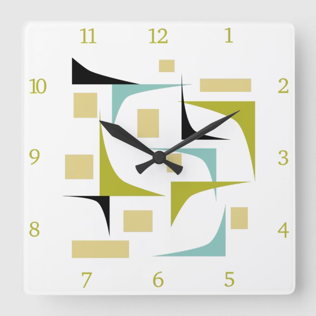 Funky Retro Atomic Mid Century Corners Numbers Square Wall Clock (Front)