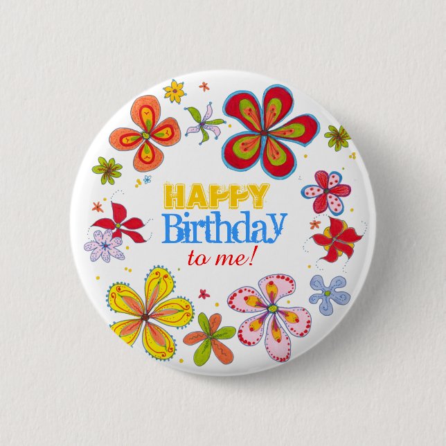 Funky Retro Big Flowers Custom Birthday Button Pin (Front)