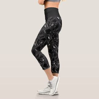 Funky Retro Black White Computer Circuit Board Capri Leggings