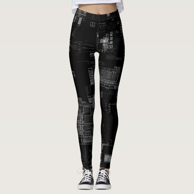 Funky Retro Black White Computer Circuit Board Leggings (Front)