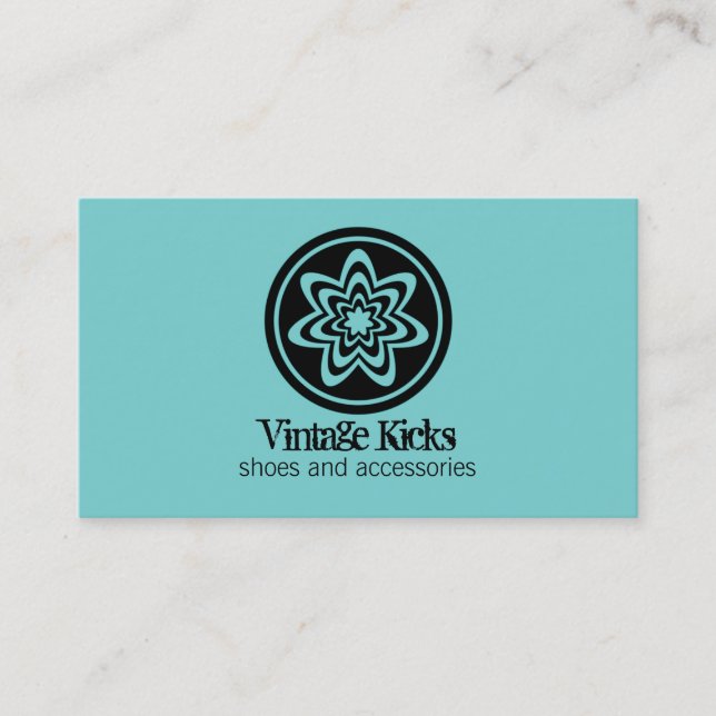 Funky Retro Bloom Business Card, Turquoise Card (Front)