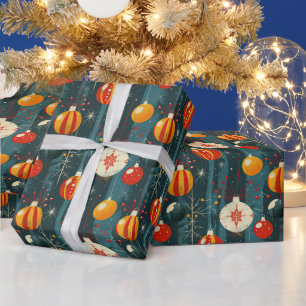 Funky Retro Christmas Hanging Decorations Blue Wrapping Paper