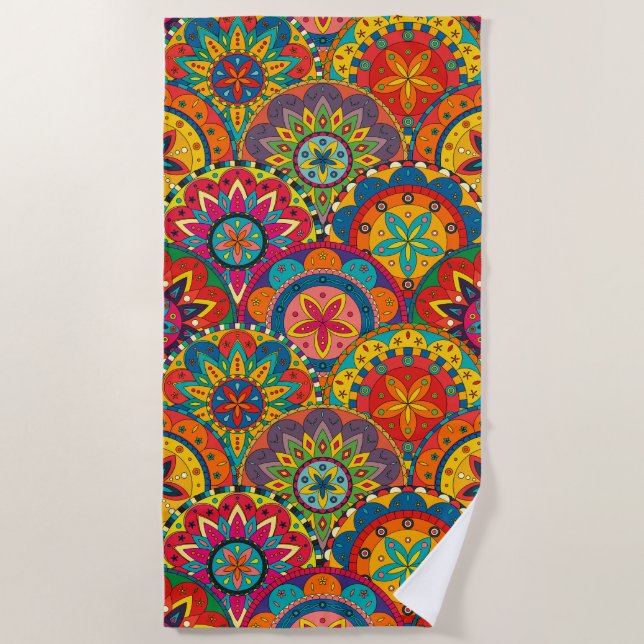 Funky Retro Colorful Mandala Pattern Beach Towel (Front)