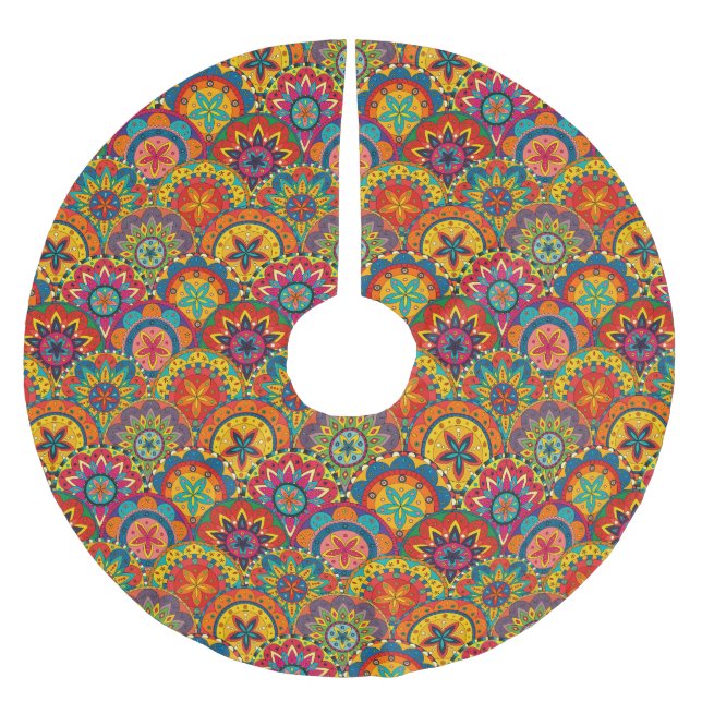 Funky Retro Colorful Mandala Pattern Brushed Polyester Tree Skirt (Front)