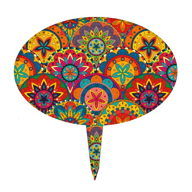 Funky Retro Colorful Mandala Pattern Cake Topper (Front)