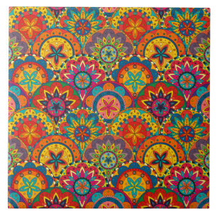 Funky Retro Colorful Mandala Pattern Ceramic Tile