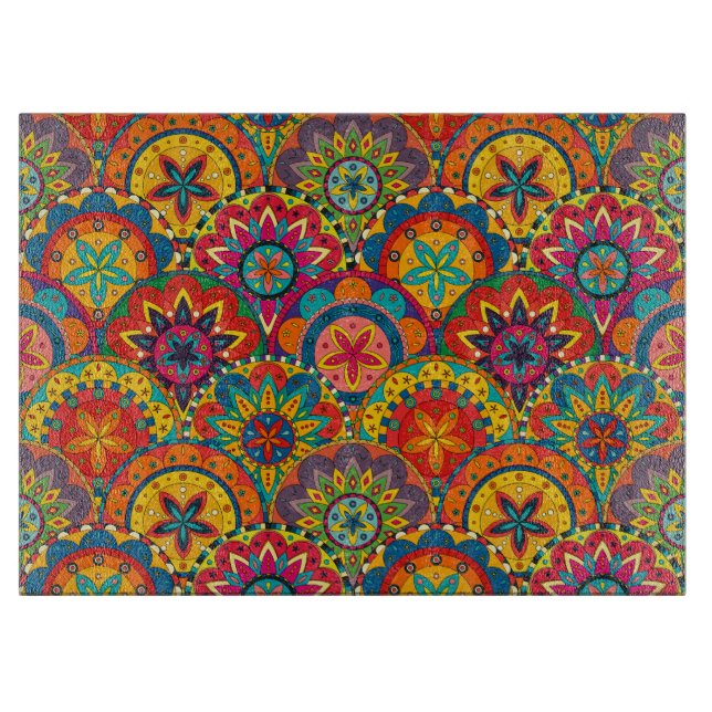 Funky Retro Colorful Mandala Pattern Cutting Board (Front)
