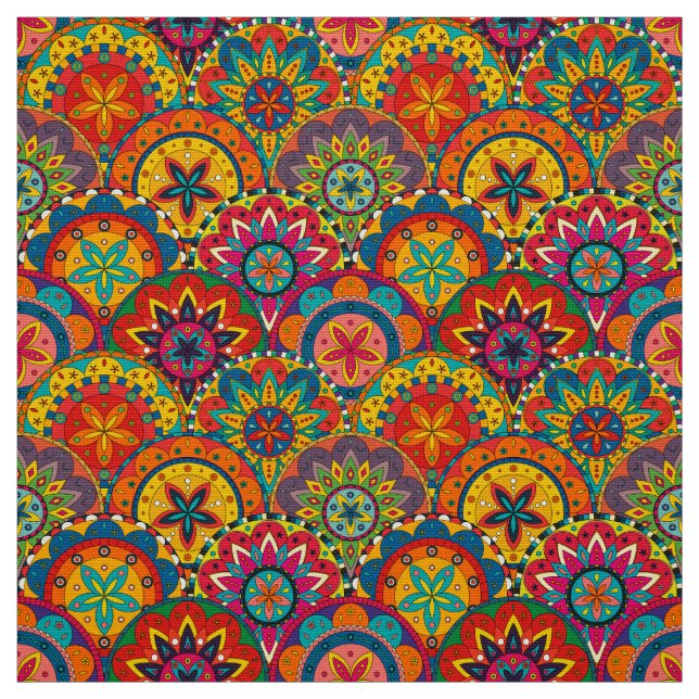 Funky Retro Colorful Mandala Pattern Fabric (Swatch)