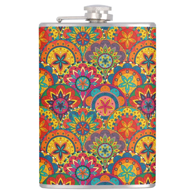 Funky Retro Colorful Mandala Pattern Flask (Front)