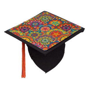 Funky Retro Colorful Mandala Pattern Graduation Cap Topper