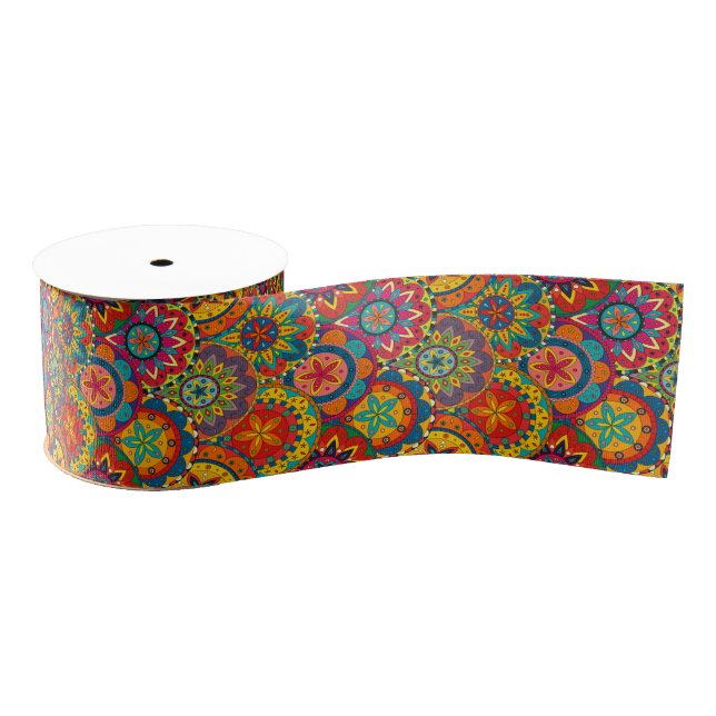 Funky Retro Colorful Mandala Pattern Grosgrain Ribbon (Spool)