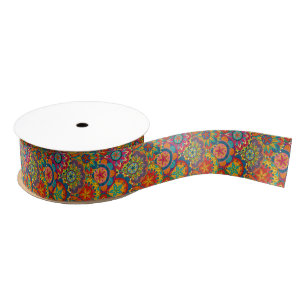 Funky Retro Colorful Mandala Pattern Grosgrain Ribbon
