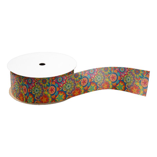 Funky Retro Colorful Mandala Pattern Grosgrain Ribbon (Spool)