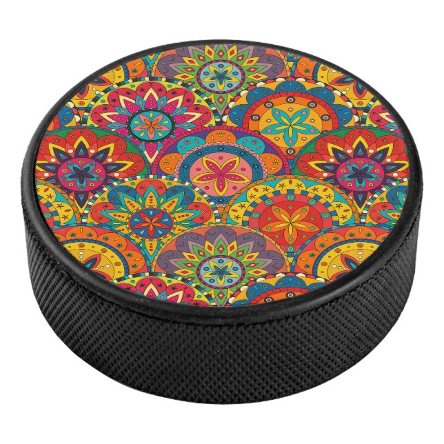 Funky Retro Colorful Mandala Pattern Hockey Puck (3/4)