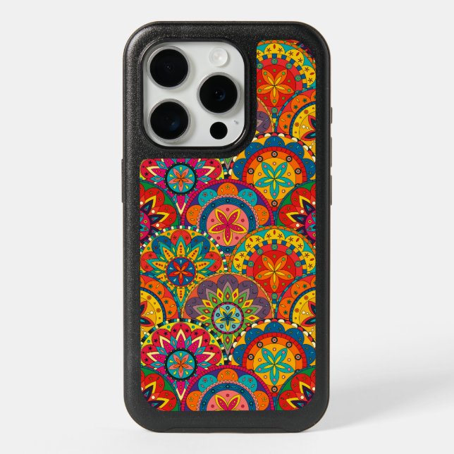 Funky Retro Colorful Mandala Pattern iPhone 15 Pro Case (Back)