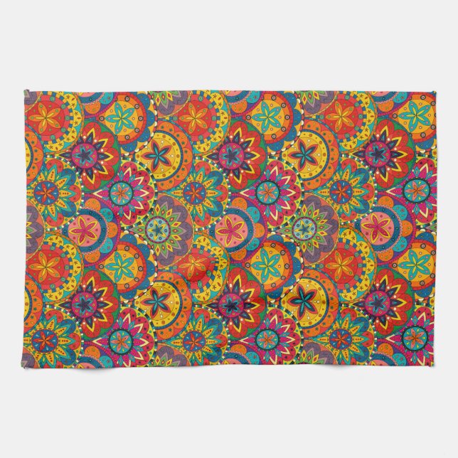 Funky Retro Colorful Mandala Pattern Kitchen Towel (Horizontal)
