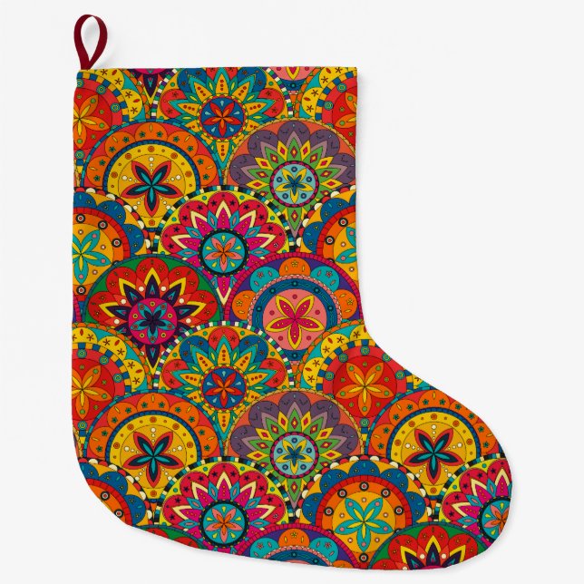 Funky Retro Colorful Mandala Pattern Large Christmas Stocking (Front)
