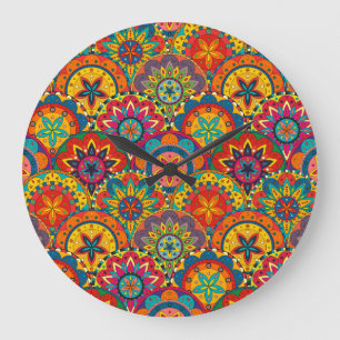Funky Retro Colorful Mandala Pattern Large Clock