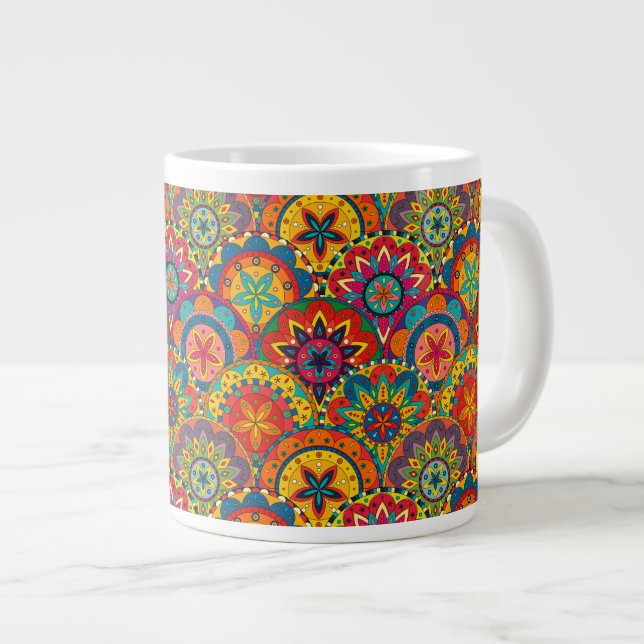 Funky Retro Colorful Mandala Pattern Large Coffee Mug (Front Right)