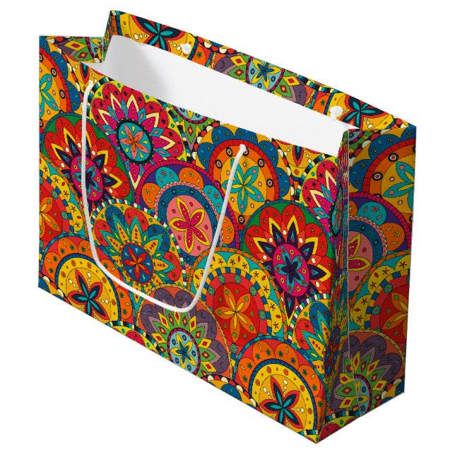 Funky Retro Colorful Mandala Pattern Large Gift Bag (Front Angled)