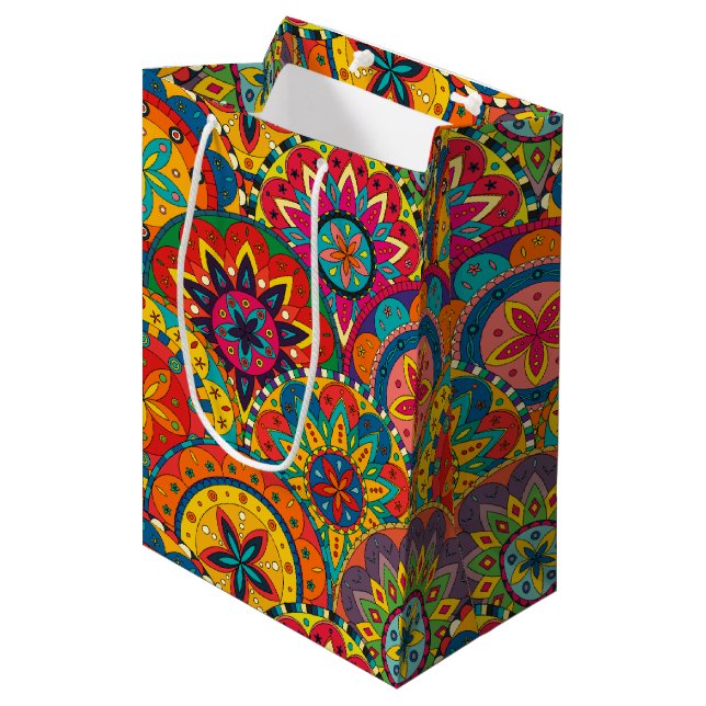 Funky Retro Colorful Mandala Pattern Medium Gift Bag (Front Angled)