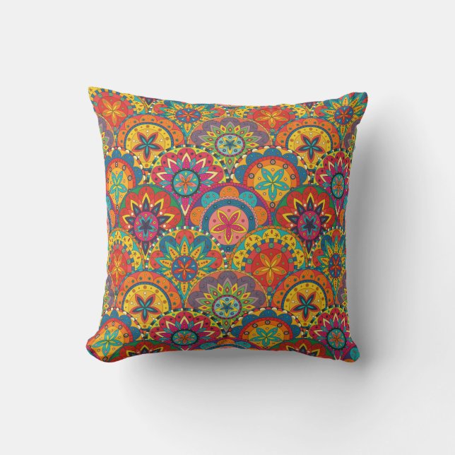 Funky Retro Colorful Mandala Pattern Outdoor Pillow (Front)