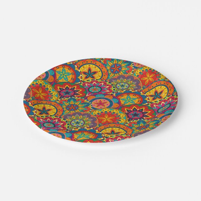 Funky Retro Colorful Mandala Pattern Paper Plates (Angled)