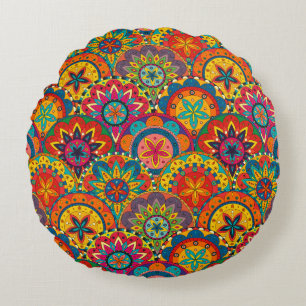 Funky Retro Colorful Mandala Pattern Round Pillow