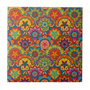 Funky Retro Colorful Mandala Pattern Tile