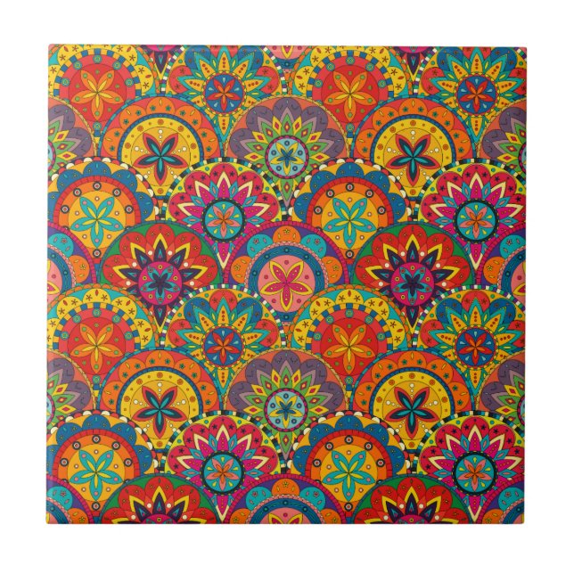 Funky Retro Colorful Mandala Pattern Tile (Front)