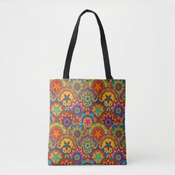Funky Retro Colorful Mandala Pattern Tote Bag by accessoriesstore at Zazzle