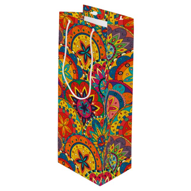 Funky Retro Colorful Mandala Pattern Wine Gift Bag (Front Angled)