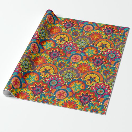 Funky Retro Colorful Mandala Pattern Wrapping Paper