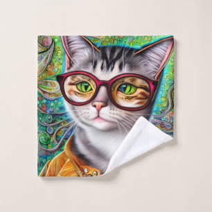 Funky Retro Cute Cat Wearing Glasses Artwork Wash Cloth