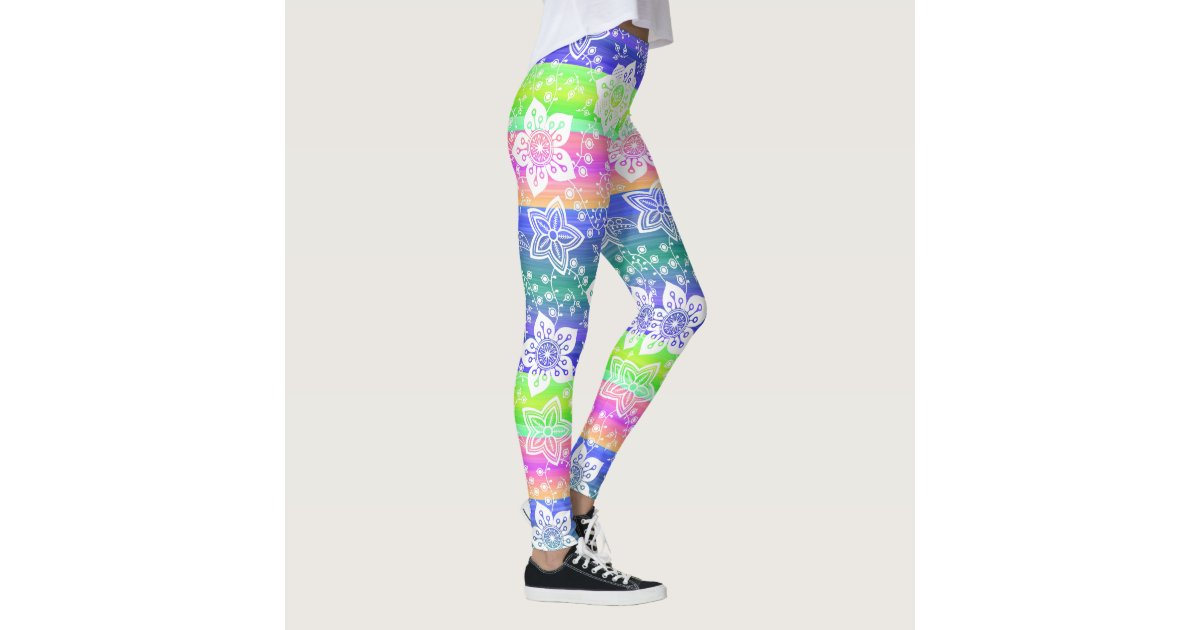 Funky Retro Floral On Chic Cool Stripes Pattern Leggings | Zazzle