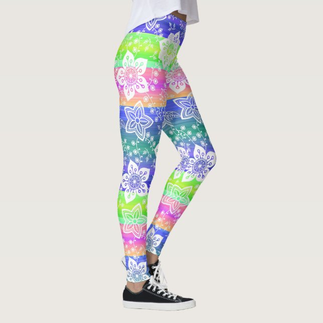 Funky Retro Floral On Chic Cool Stripes Pattern Leggings (Right)