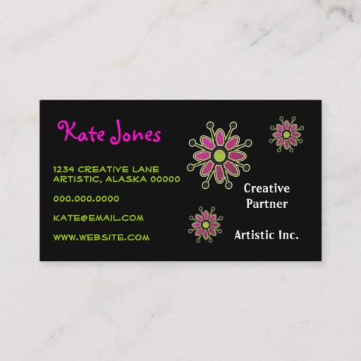 Customizable Funky Retro Flower Pink Purple Green Creative Fun Business Card Template