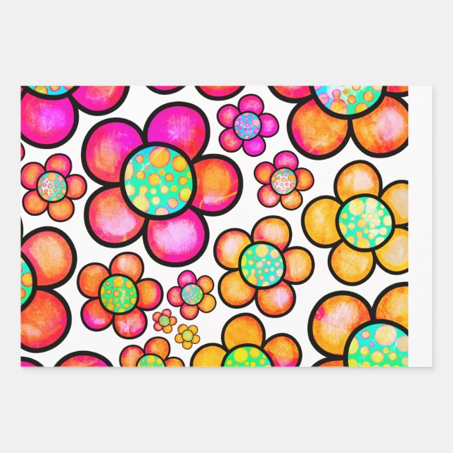 Funky retro flower wrapping paper sheets (Front)