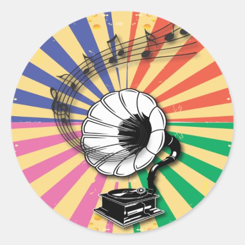 Funky Retro Gramophone and musical notes Classic Round Sticker