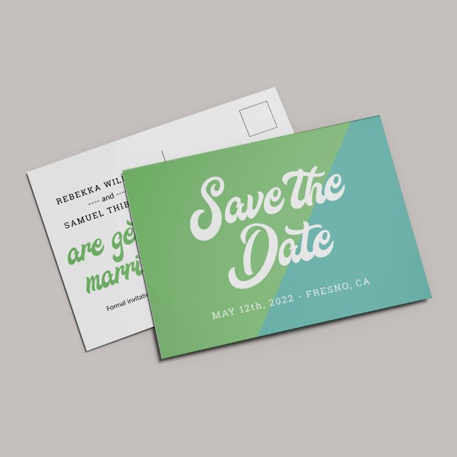 Funky Retro Green Blue Wedding Save The Date Announcement Postcard (Creator Uploaded)