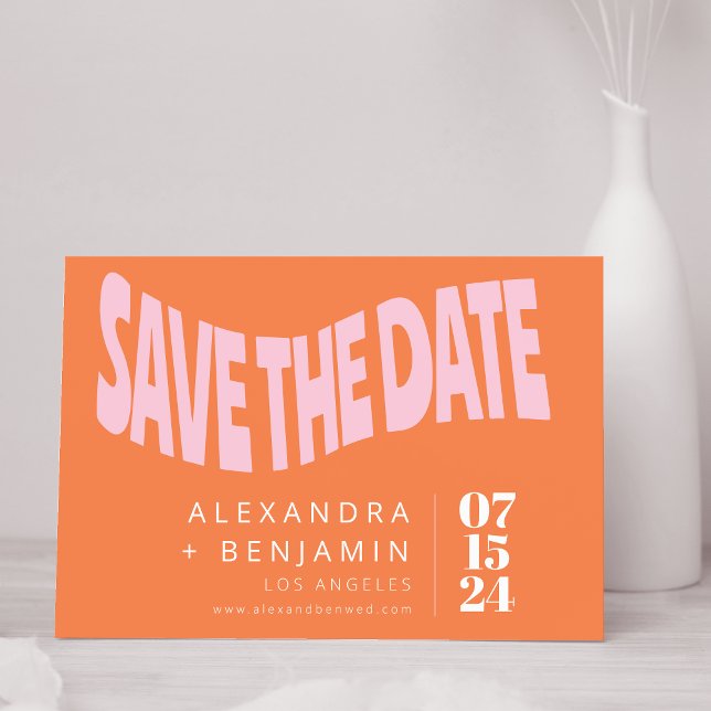 Funky Retro Groovy Unique Photo Pink Orange Custom Save The Date (Creator Uploaded)