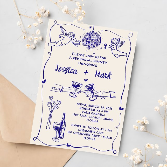 Funky Retro Hand drawn Wedding Rehearsal Dinner Invitation (Creator Uploaded)