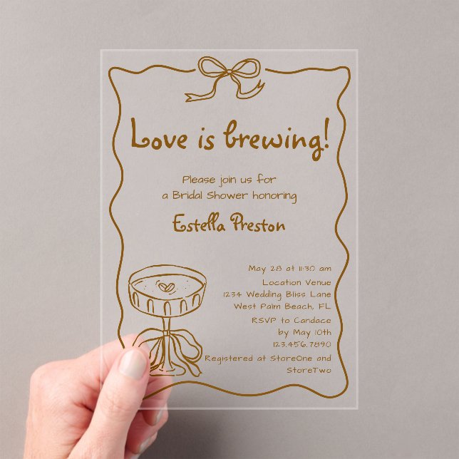 Funky Retro Love is Brewing Martini Bridal Shower Acrylic Invitations (Insitu (Handheld))