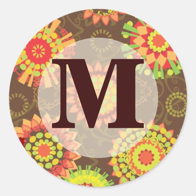 Funky Retro Mod Abstract Pattern Monogram Classic Round Sticker (Front)