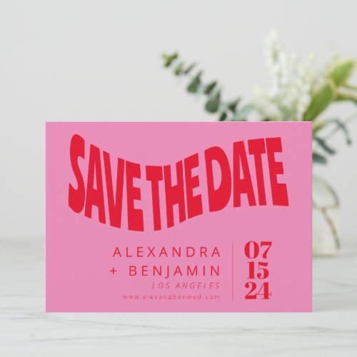 Funky Retro Mod Unique Pink and Red Photo Save The Date