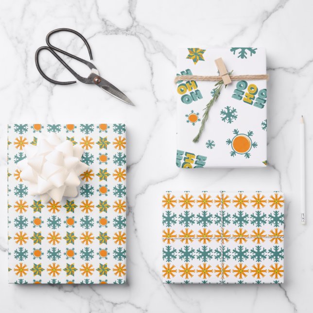 Funky Retro Nordic Teal Orange Snowflake Ho Ho Ho  Wrapping Paper Sheets (Front)